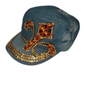 Vintage Lucky 7 Rhinestone Embellished Denim Newsboy Hat Adjustable Y2K Bling
